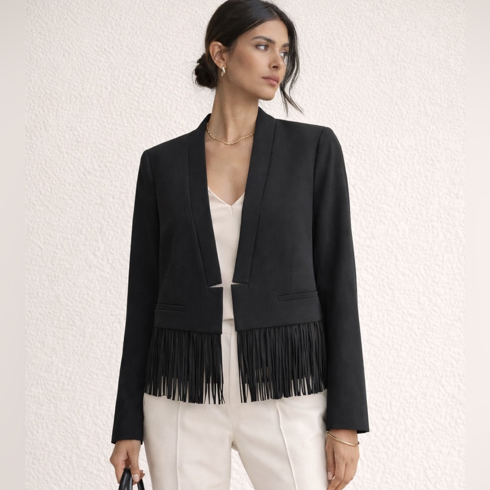 Banana Republic Fringed Black Cropped Open Front Wool Blend Blazer
